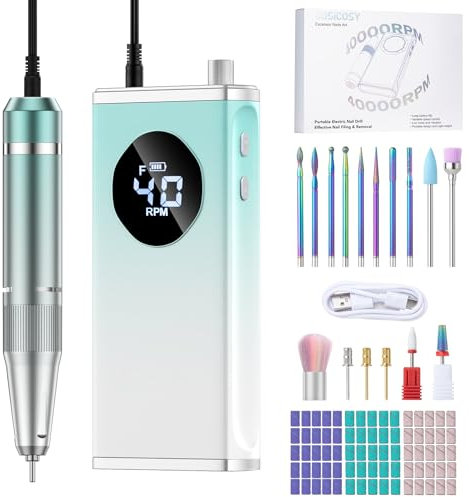 COSICOSY Electric Nail Drill, 40000RPM Professional Nail File with 15 Drill Bits, Portable Rechargeable Nail File Machine E File for Acrylic Nails Gel Polishing Removing, for Manicure Salon Home, Blue