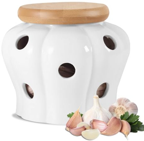 Knoblauch Aufbewahrung Vorratsgläser: Knoblauchtopf aus Keramik mit Bambus Deckel und Belüftungslöchern, Atmungsaktiv Zwiebel Aufbewahrung Knoblauch Behälter, für Paprika Zwiebel Knoblauch Ingwer