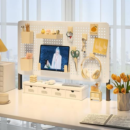 Pegboard Stecktafel Wand Organizer Metallregal, Pegboard Kombinationsset, Stahl Desktop Organizer für Gaming & Büro Schreibtisch Zubehör(White,80 * 40cm)
