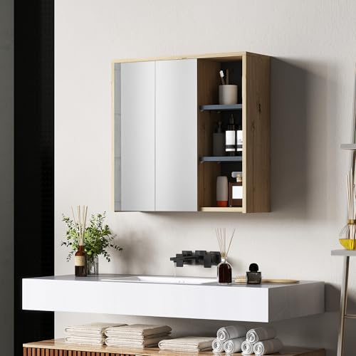 HOMCOM Armario de Baño con Espejo Armario con Espejo para Baño con Estantes Estilo Moderno 60x20x60 cm Madera Natural
