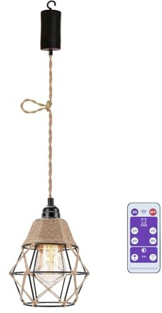 Boho Hängelampe mit Batterie Industrie Deckenlampe Ohne Strom Stromanschluss Batteriebetrieben Glühbirne Led Hängeleuchte Hängend Akku Pendelleuchte Rattan Lampenschirm für Schlafzimmer Wohnzimmer