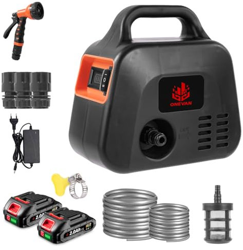 ONEVAN pompe à eau sur batterie, 600L/h pompe de jardin sans fil avec 2 batteries de 2000 mAh, indicateur de charge, 2 vitesses, pompe arrosage électrique inclus buse 7 en 1, tuyau et filtre