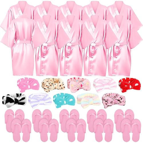 YFNVH Lot de 30 Peignoirs Satinés pour Filles, Kit Fête Spa avec 10 Robes Kimono 10 Bandeaux 10 Chaussons Mousse, Robes de Bain pour Pyjama Party (FR/ES, Âge, 8 ans, Taille normale, Rose)