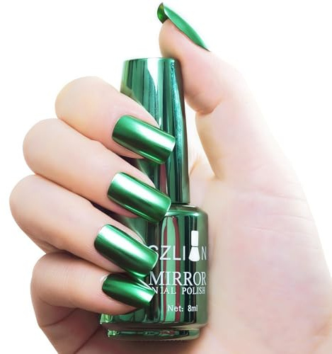 Green Nail Polish, Green Nail Varnish, Chrome Metallic Goth Makeup, Quick Dry Long Lasting Oil Based Formula Non-toxic, No UV Needed Nail Art Manicure for Women