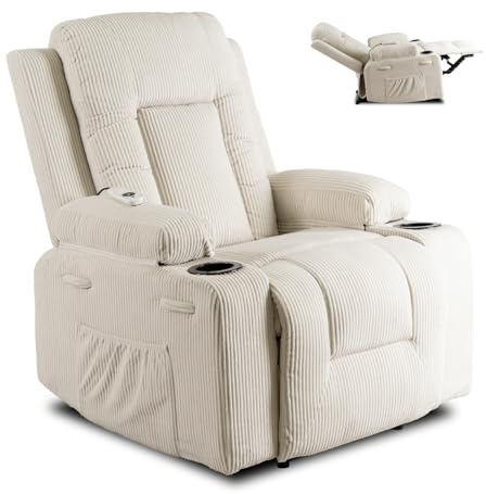 MEBEL ELITE Massagesessel Box aus Cord Beige – Elektrischer Relaxsessel mit Liegefunktion – Fernsehsessel mit Massagefunktion & Getränkehaltern – Sessel für tägliche Entspannung in Ihrem Wohnzimmer