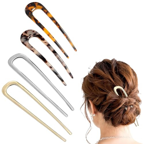 Aucuu 4 Piezas Horquilla Francesa Exquisita, Horquilla en Forma de U, Horquillas de Oro y Llata, Horquillas de Carey Claro y Carey Oscuro Adecuado para Mujeres y Niñas (Metal y Acetato)