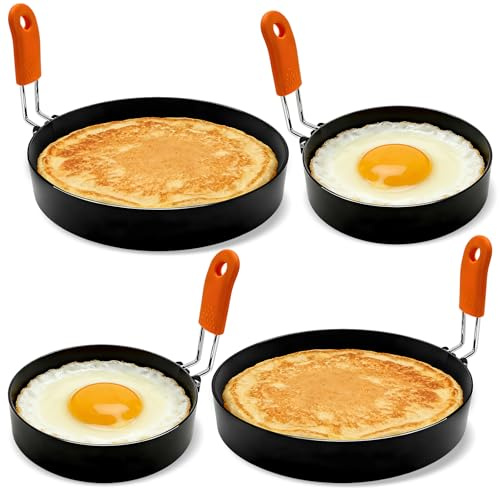 Jibrelxion 4 Pack Professional Egg Ring Set, Stainless Steel Griddle Pancake Shapers, Round Fried Egg Molds with Orange Silicone Handle for Cooking, Breakfast, Omelette and Sandwich, (4,6 Inch)