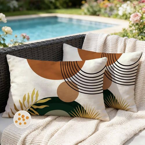 Jayusaror Outdoor Kissenbezug 30x50 Wetterfest Orange Grün Sofakissen Kissenhülle Boho Modern Minimalistisch Geometrische Tropische Blätter Sommer Kissen Kissenbezüge für Sofa Garten Deko 2er Set