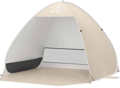 Wolfwise Strandmuschel Pop Up, Strandzelt mit UV-Schutz 50+, Sekundenschneller Aufbau, Wasserabweisend & Belüftet mit Sandtaschen für 3-4 Personen, 160x140x125 cm(63 ×55×49 in), Beige