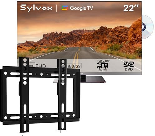 SYLVOX 22 Smart Google 12V TV pour Camping-Car & Support TV Réglable | 1080P, Lecteur DVD Intégré, Adaptateur 12V, Large Tension 100-240V, Triple Tuner DVB-S2/T2, pour Caravanes/Motorhomes
