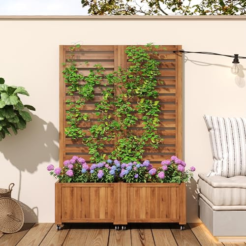 ECLIVON Blumenkasten Klappbar mit Rankgitter, Pflanzkasten per Garten Balkon als Sichtschutz per Hof, Outdoor Pflanzkübel Pflanzgefäß aus Holz, Hochbeet mit Spalier per Terrasse, 152x102x32 cm (Braun)