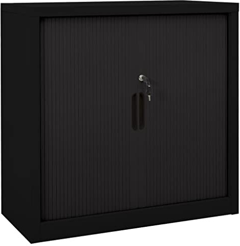 Roanoer Schiebetürenschrank Stahl 90x40x90 cm Schwarz - Stabiler Stahlschrank abschließbar mit 2 verstellbaren Fachböden - Platzsparender Metallschrank für Büro, Archiv und Werkstatt