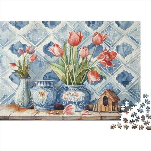 Vase Tulipes Roses Fleuris Puzzle 1000 Pièces Papier pour Adultes Décoration Céramique Détente Convivialité Cadeau Maison 52x38cm/1000pcs