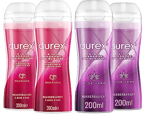 Durex Gleitgel 2-in-1 Massage Gel – wasserbasiertes Gleitmittel für Ganzkörpermassagen & Intimbereich – klebt nicht & hinterlässt keine Flecken – Aloe Vera und Guarana – 4 x 200 ml