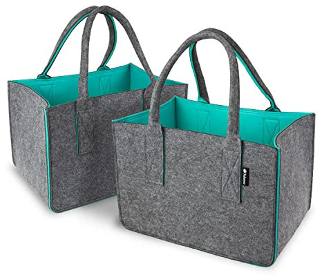 Tebewo 2er-Set Filztasche - praktische Einkaufstasche im Doppelpack - Shopping Bag - Einkaufskorb aus Filz - faltbare Tragetasche - Grau/Türkis