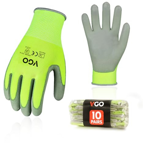 Vgo... 10Pares Guantes Trabajo, Guantes de Jardín Revestidos de Naylon PU Nitrilo Poliuretano Antideslizante para Mujeres y Hombres, Guantes Protección Mecánica e Industrial(S) | Amarillo, forro de poliéster, sin látex, lavable, destreza, jardinería, deshierba, construcción, almacén, granja