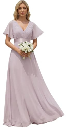 Ever-Pretty A-línea Vestidos de Fiesta Escote en V Manga Corta Gasa Corte Imperio para Mujer Lila 48