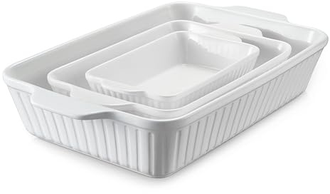 DOWAN Casserole Dishes for Oven, Baking Dishes Set, Ceramic Bakeware Sets of 3, Lasagna Pan Deep, Rectangular Baking Pan Set with Handles for Baking, Casserole, Kitchen, Wedding Gift, Soft White (15.6''/12.2''/8.9'')