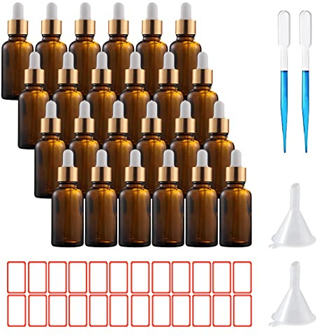 ToKinCen 24 x 30 ml droppflaska bärnstensfärgade glasflaskor med glaspipett essentiella flaskor