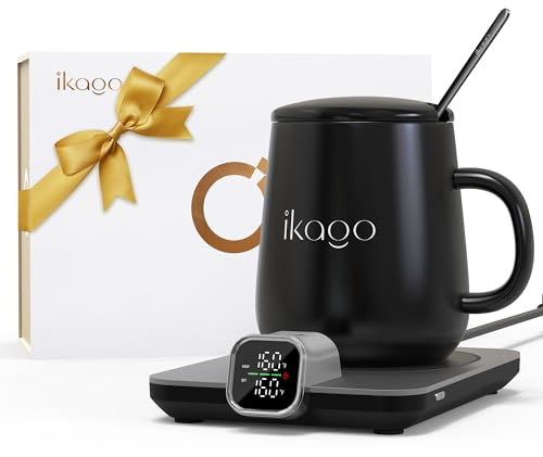 Coffee Mug Warmer & iKago Mug Set, Accurate Temperature Control Smart Heated Mug for Desk, Electric Coffee Warmer with Auto Shut Off & Real-Time Temp Display, Gifts for Men Women, 15oz Ceramic Mug