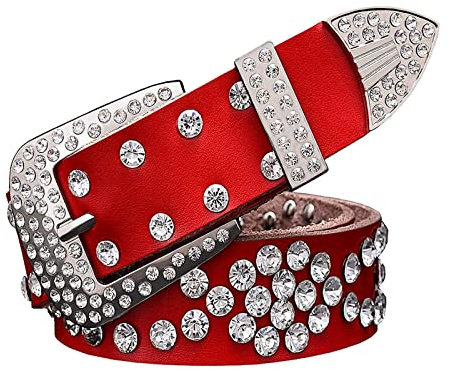 Jojomino Gürtel aus echtem Leder mit Strass für Damen Taillengürtel Breite 3,3cm Jeansgürtel Bekleidungszubehör, Rot, 115cm