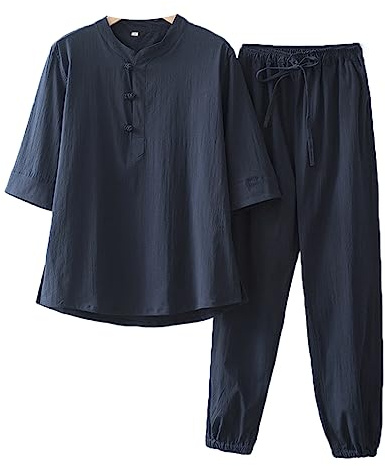 GVILTY Womens Chinese Kung Fu Uniform Cotton Linen Long Sleeve Pants Zen Meditation Uniform Tai Chi Clothes blue-XL