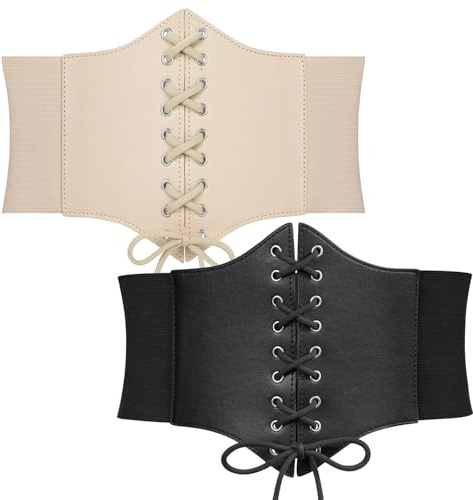 WERFORU 2 stycken dam Tied Waspie bälte, brett skosnörningsbälte för kvinnor, korsett elastisk midjebälte för halloweenfest, G-svart + beige, Passend für Taillengröße 89-98cm