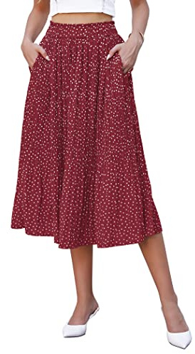 Hotouch Midijupe Femme Été Taille Élastique Polka Dot Jupe Plissée Mousseline Swing Élégante Maxi-Jupe avec Poches Vin Rouge Taille XL
