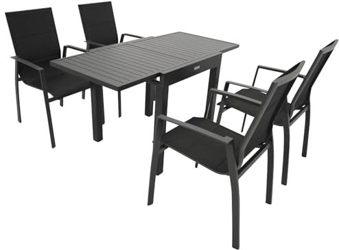 DEGAMO Gartengarnitur Alcudia 5-teilig, 4X Stapelsessel aus Aluminium anthrazit und gepolstertem Textilgewebe in schwarz + 1x Ausziehtisch Aluminium 70/140x70cm, anthrazit
