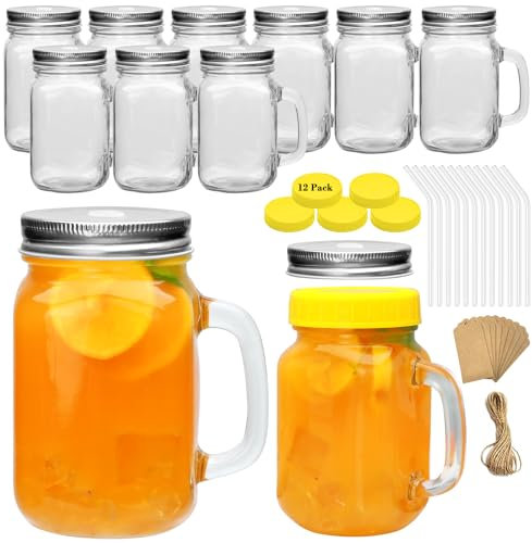 QAPPDA Mason Jars with Handle, Glass Mugs with Straws and Sliver Lids 12 Pack,16oz Drinking Jars,Smoothie Cups for Juice,Coffee,Iced Tea and Lemonade