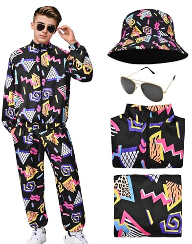 HarnyLoom Deguisement Année 80 90 Homme Costume Rétro Femme Disco Hippie Tenue Survêtement Veste Pantalon Accessoire Chapeau de Pêcheur Floral Lunettes Carnaval Halloween Adulte