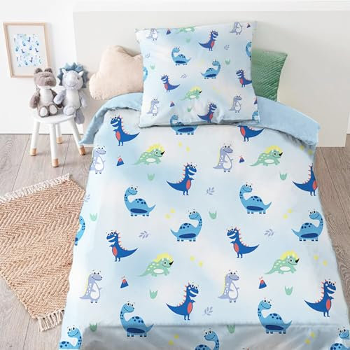 Yasida BettwäSche Dinosaurier Kinder Mikrofaser Blau Duvet Cover Das Muster Ist Niedlicher Cartoon-Dinosaurier FüR Jungen/MäDchen Dino BettwäSche 135x200cm Mit 1 Kopfkissenbezug 80x80cm