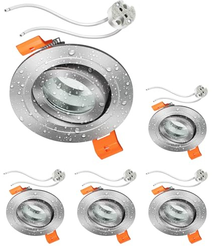 ledscom.de 5x Bad-Deckeneinbaurahmen ERID, Feuchtraum, Badezimmer, IP44, rund, schwenkbar, aluminium matt, inkl. GU5.3 Fassung