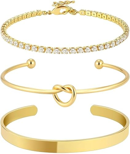 HSAJS 3 Pezzi Braccialetti a Catena per Donna Braccialetti Acciaio Oro Argento Figaro Zircone Braccialetti con Ciondoli a Maglia Regolabili CZ Bracciali per Donna Ragazze