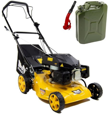 17 / 43cm Petrol Lawn Mower Self-Propelled Recoil 139cc 4HP Wolf 40L Collection Bag 17 inch Lawnmower + Green 20L Metal Jerry Can & Spout - 2 Years Warranty