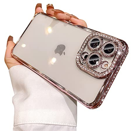 Reownest Clear for iPhone 16 Pro Max Case Cute Crystal Glitter Bling Women Girls Aesthetics Phone Cover with Sparkle Diamond Camera Len Protector -Pink