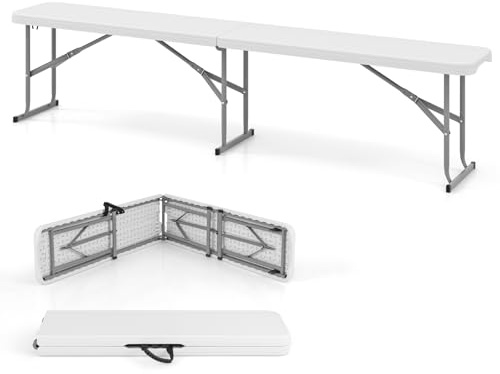KOMFOTTEU Panca da Giardino Pieghevole in Plastica, Panchina da Esterno Portatile con Maniglia di Trasporto, Panca da Campeggio con Telaio in Metallo, per Patio, Picnic, Portata 300 kg (Bianco II)
