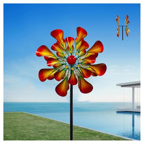 Hazomeu Windrad Garten 57cm Rotor-Durchmesser Wind Turbine Windrad Windblätter 3D Optik Metall Windrad Wetterfestes Gartendeko