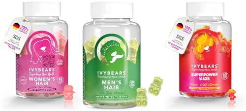 IvyBears® Family Hair & Health Bundle – Hair Vitamins for Men & Women + Kids Multivitamin Gummies – Daily Hair, Skin & Immunity Support – Vegan – Made in Germany – 3-Pack