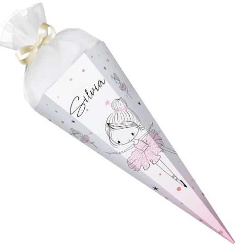GRAVURZEILE - Bedruckte Schultüte - Ballerina - Personalisiert mit Namen - Geschenk zur Einschulung - Sechseckige Zuckertüte für Jungen & Mädchen - 61 cm mit Tüll-Verschluss - Farbe: Ballerina