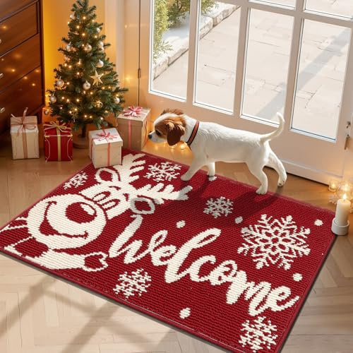 SHACOS Weihnachten Fußmatte Innen Fussmatte Aussen Schmutzfangmatte, Schlingenflor rutschfeste Fußabtreter, Fussmatten Haustür, Eingangsteppich, Geschenke zur Weihnachtsdekoration, Elch, 60 x 90 cm