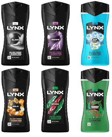 3-in-1 Shower Gel Variety Pack for Body, Face & Hair | Black, Excite, Ice Chill, Gold, Africa & Jungle Fresh | All-Day Fresh & Clean Feel | Men’s Shower Gel Multipack 6 x 225ml