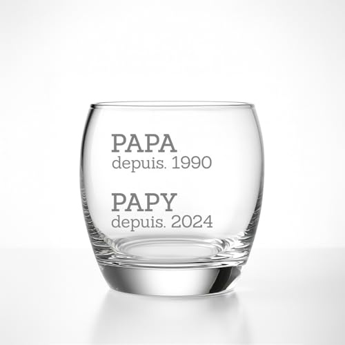 Señor TSHIRT - Vaso de whisky personalizable con grabado, transparente, doble línea de texto y fechas, regalo de Papá y abuelo, cristal grabado, regalo de Navidad