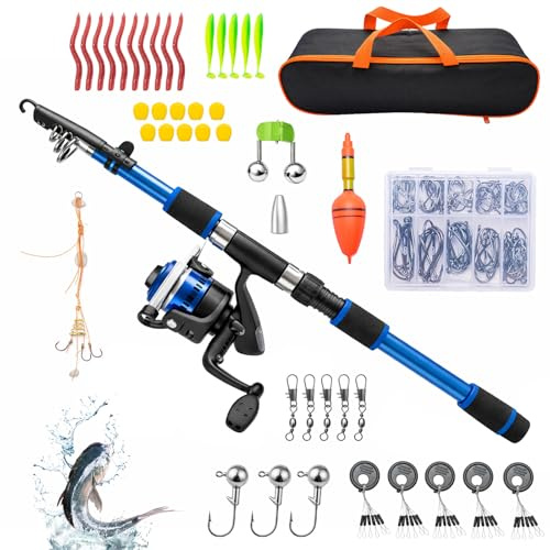 Minifactory Kids Fishing Rod Starter Set, 45-166cm Telescopic Fishing Rod & Reel Set with Lures, Hooks & Carry Bag, Complete Beginner Fishing Kit, Lightweight Outdoor Toy Gift for Boys & Girls