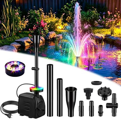 Springbrunnenpumpe Aussen mit RGB LED, 750L/h 15W 220V, mit 3M Kabel, Teichpumpe Brunnenpumpe für Miniteich, 3 Düsen, Aquariumpumpe Gartenbrunnen Springbrunnen Pumpe Klein für Gartenteich, Wasserfall