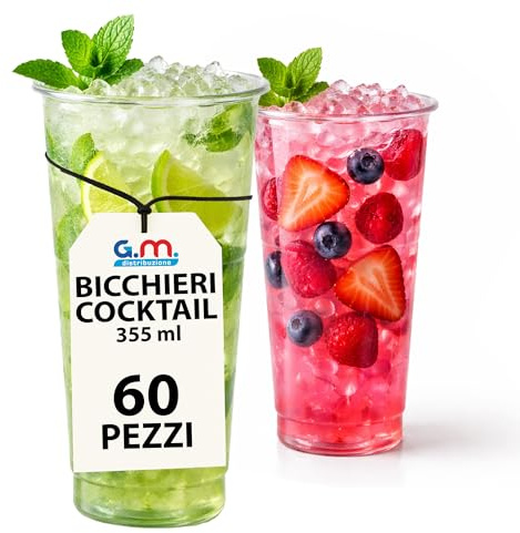 G.M. DISTRIBUZIONE 60 Bicchieri da Cocktail Monouso in Plastica Trasparente da 355ml, Tumbler Usa e Getta di Alta Qualità x Bevande fredde, Riciclabili, Discoteche, Gin tonic, Mojito