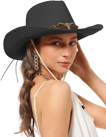 soul young Cowboy Sun Hats for Women Men Straw Crochet Western Cowgirl Hat with Windproof Chin Strap Beach Cap(One Size,Black)