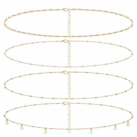 Elovara 4PCS Gold Belly Chain for Women Adjustable Layered Waist Chain | Waterproof Body Jewelry, Shiny Rhinestone Waist Beads Belt for Summer Beach Party