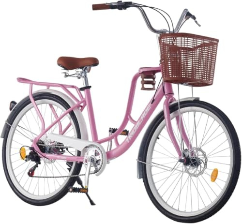 LSLIFE Damen Fahrrad mit Korb 24/26in 7 Geschwindigkeit Stadt Fahrrad Frauen Mädchen Komfort Fahrrad Leichter Rahmen Hybrid ScheibenbremsenLeichtes Pendlerrad Retro Fahrrad Urban Bike
