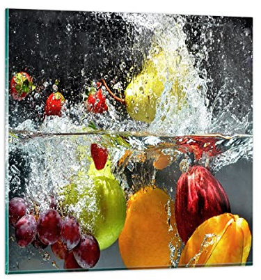 Moderne Impression sur Verre Fruits eau éclaboussures nourriture Image Tableau en Verre Decoration Murale 30x30cm Deco Cadre Salon Chambre Carré Petit Tableaux Decoratifs Muraux Art GAC30x30-2972
